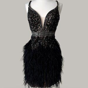 Brand New US 8 Jovani Black Feather Mini Evening Dress